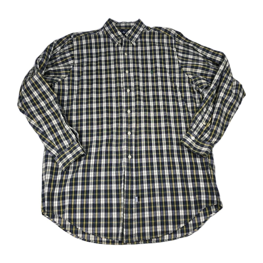 VTG POLO RALPH LAUREN Men L Plaid SEERSUCKER Button-Up Shirt GREEN PONY Golf